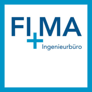 FI+MA Ingenieurbüro Logo - hellblauer Rahmen mit der Wortmarke FIMA darin, dazwischen ein hellblauer Pluszeichen. Darunter rechts kleiner Schriftzug Ingenieurbüro.