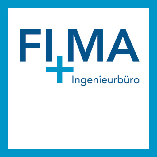 FI+MA Ingenieurbüro Logo - hellblauer Rahmen mit der Wortmarke FIMA darin, dazwischen ein hellblauer Pluszeichen. Darunter rechts kleiner Schriftzug Ingenieurbüro.