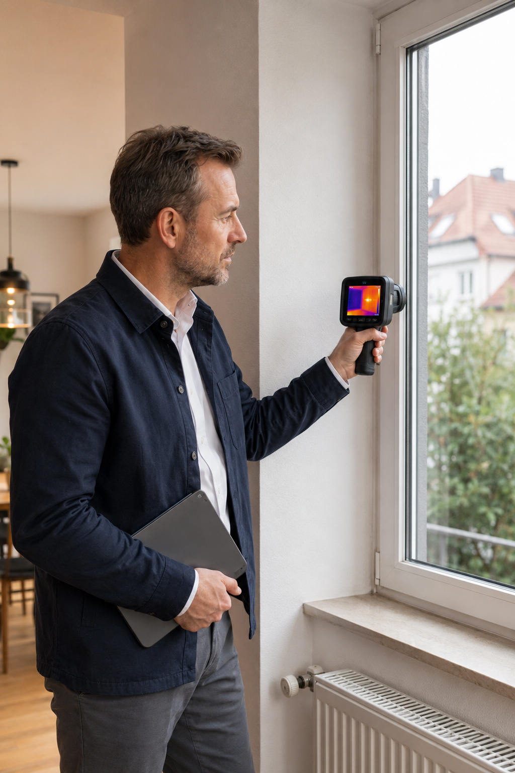 Energieberater untersucht mit einer Wärmebildkamera mögliche Wärmeverluste an einem Fenster.