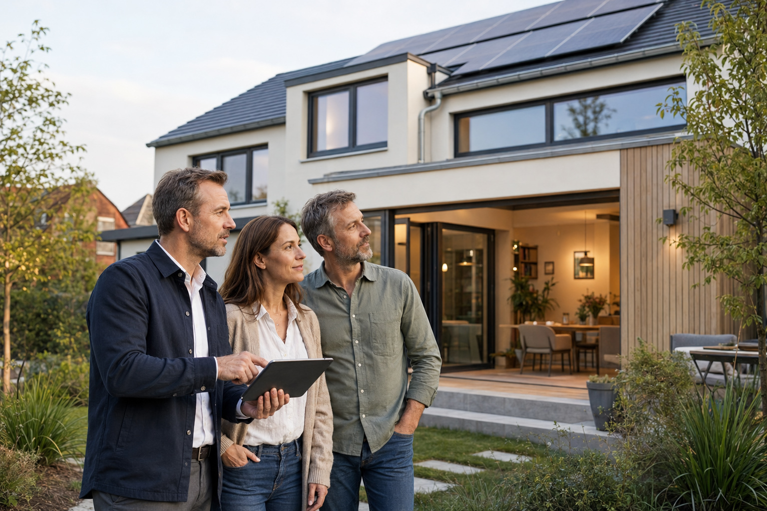 Energieberater bespricht mit einem Paar die energetische Modernisierung ihres Wohnhauses mit Photovoltaikanlage.