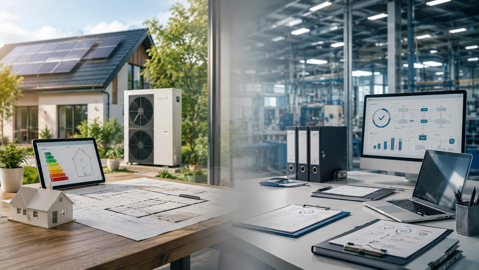Links im Vordergrund ein Schreibtisch mit energtischen Daten eines Wohnhauses, im Hintergrund eine Wärmepumpe und ein Wohnhaus mit Photovoltaikanlage auf dem Dach. Rechts im Vordergrund ein Schreibtisch eines Unternehmens mit Controlling Daten auf dem Bildschirm des Laptops. Im Hintergrund ein offenes, modernes Großraumbüro.