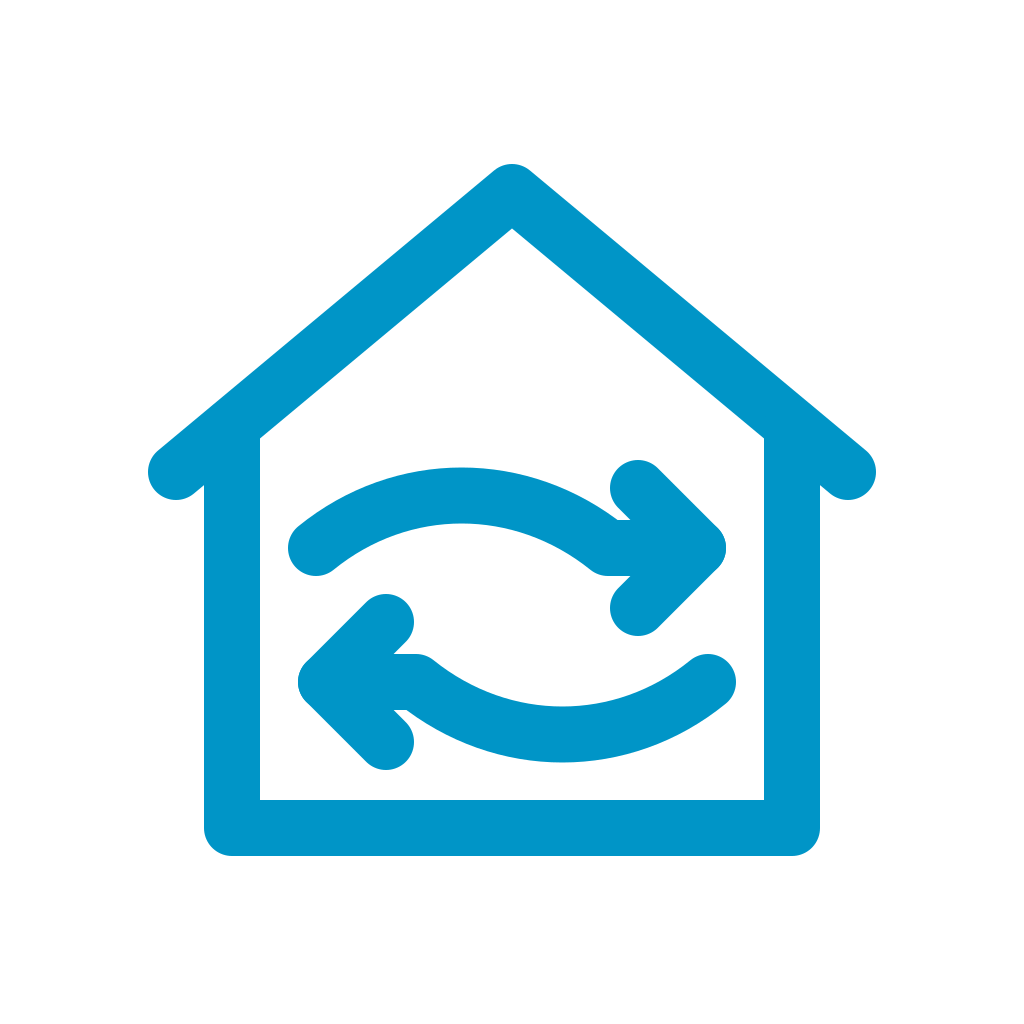 Haus mit gegenläufigen Luftströmen als Symbol für ein Lüftungskonzept.