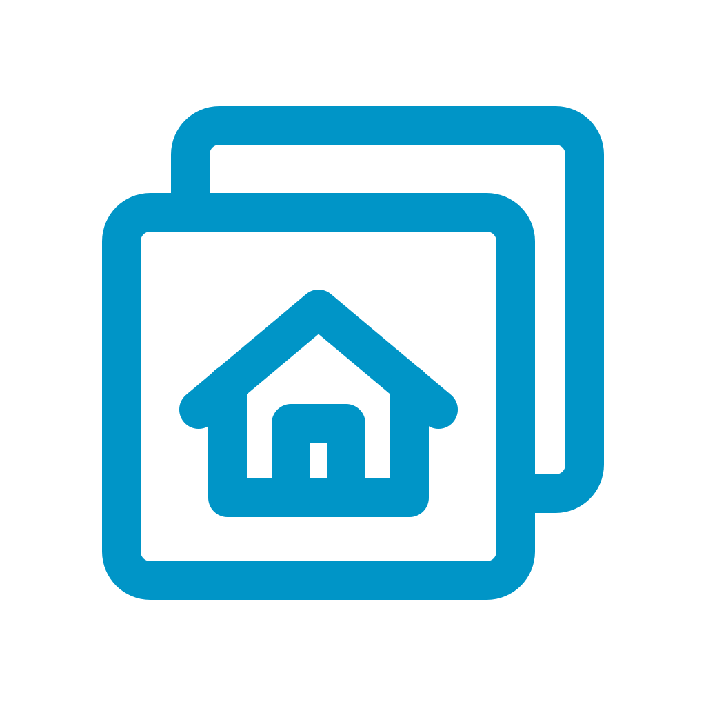 Übereinanderliegende Gebäudekarten als Symbol für realisierte Projektbeispiele.
