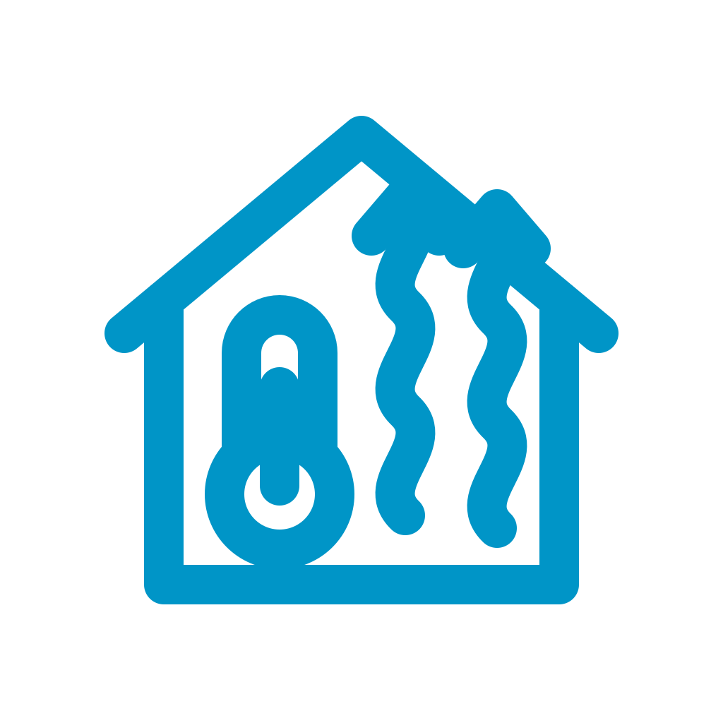 Haus mit entweichenden Wärmeströmen und Thermometer als Symbol für Wärmebrücken.